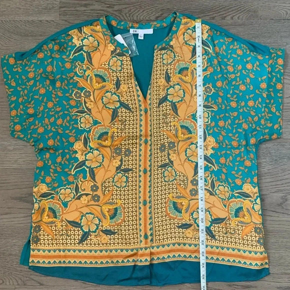 DR2 by Daniel Rainn Boho Floral Print Blouse Size L - Teal/Mustard Yellow - NWT - Picture 7 of 9